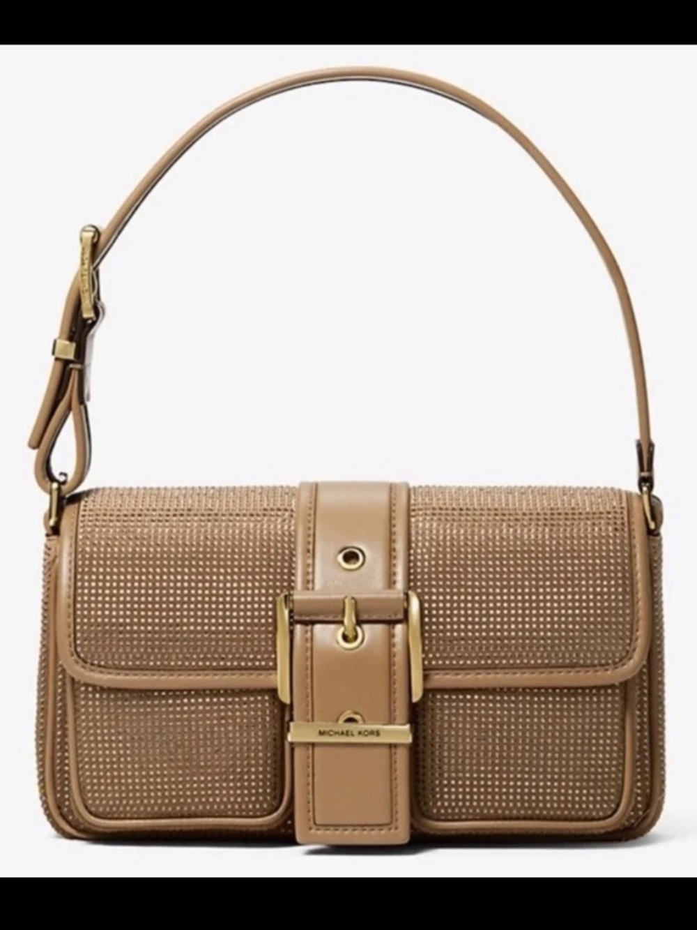 Michael Kors Studded Shoulder Bag Brown Leather Gold Hardware NWT Baguette